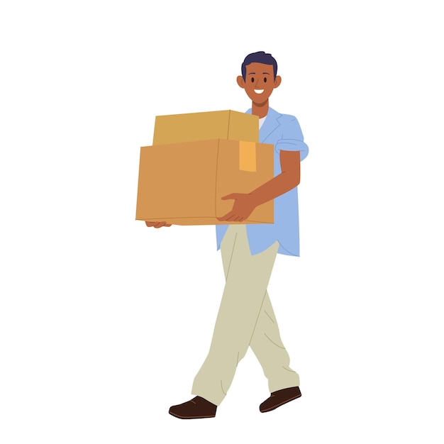 Hombre feliz sonriente personaje de dibujos animados que lleva cajas de cartón embalaje disfrutando de la reubicación aislado en fondo blanco joven empleado masculino o estudiante moviéndose a una nueva ubicación ilustración vectorial