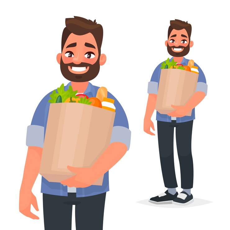Vector hombre feliz sosteniendo una bolsa de la compra en sus manos. comprador en el supermercado.