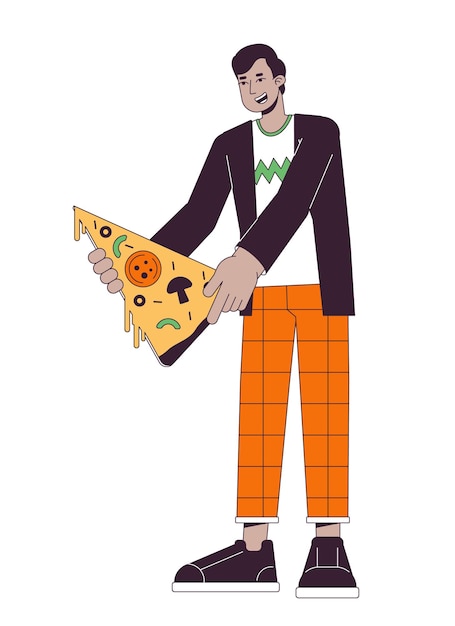 Hombre feliz sosteniendo rebanada de pizza línea plana color vector carácter editable contorno persona de cuerpo completo en blanco Pedido de comida en línea simple ilustración de dibujos animados para diseño gráfico web