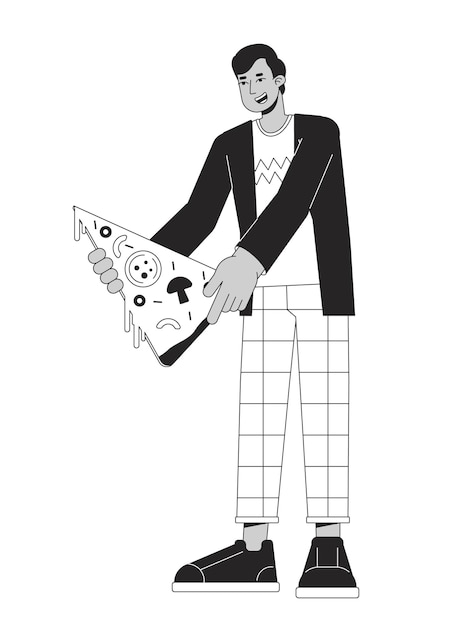 Hombre feliz sosteniendo una rebanada de pizza línea plana personaje vectorial blanco y negro contorno editable cuerpo completo persona comida en línea pedido simple dibujos animados ilustración de puntos aislados para diseño gráfico web