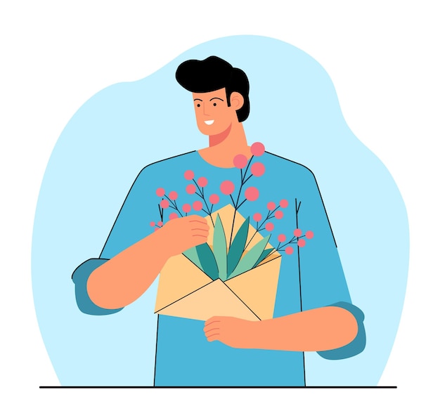 Vector hombre feliz sosteniendo un sobre con lindas flores de primavera