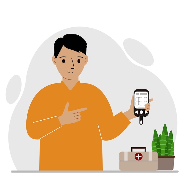 El hombre feliz sostiene un glucómetro en la mano El concepto de control de azúcar en la sangre diabético Vector ilustración plana