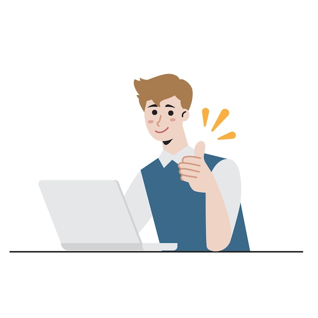 Hombre feliz trabajando en la computadora portátil con expresión positiva con una sonrisa y gesto de éxito