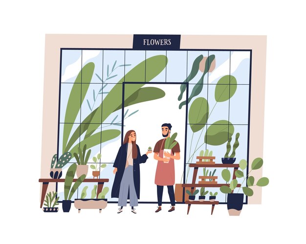 Vector hombre feliz trabajando en una pequeña tienda con plantas en macetas vector ilustración plana. propietario masculino de cultivar y vender flores en una tienda aislada. un vendedor sonriente vende una planta de interior en una olla a una compradora.