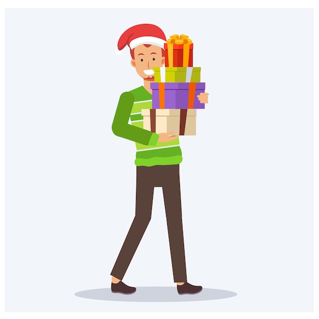 Hombre feliz vestido con un suéter y un sombrero de Navidad con regalos. estilo plano de dibujos animados de personaje de ilustración.