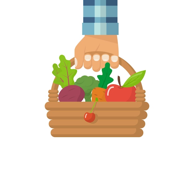 Hombre fermer sostener cesta verduras concepto de estilo de vida saludable vector ilustración diseño plano alimentos orgánicos llenos en una cesta de mimbre verduras frescas y frutas en una mano comida vegetariana