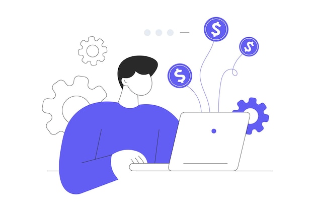 El hombre de finanzas hace transacciones y transferencias de dinero usando el navegador del sistema bancario en línea en su portátil