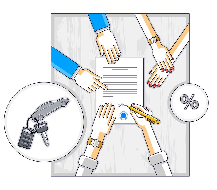 Vector el hombre firma un documento financiero para obtener crédito para comprar un automóvil nuevo y el empleado del banco o el concesionario del salón de automóviles explica los términos del préstamo o del alquiler del automóvil, la vista superior del escritorio con las manos de las personas y los documentos en papel. vector.