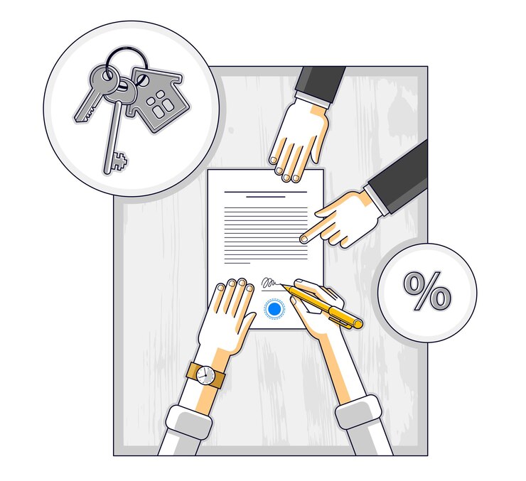 Vector el hombre firma una hipoteca bancaria para la compra de una casa de bienes raíces y el empleado explica los términos del crédito del préstamo, la vista superior del escritorio con las manos de las personas y los documentos en papel. ilustración vectorial.