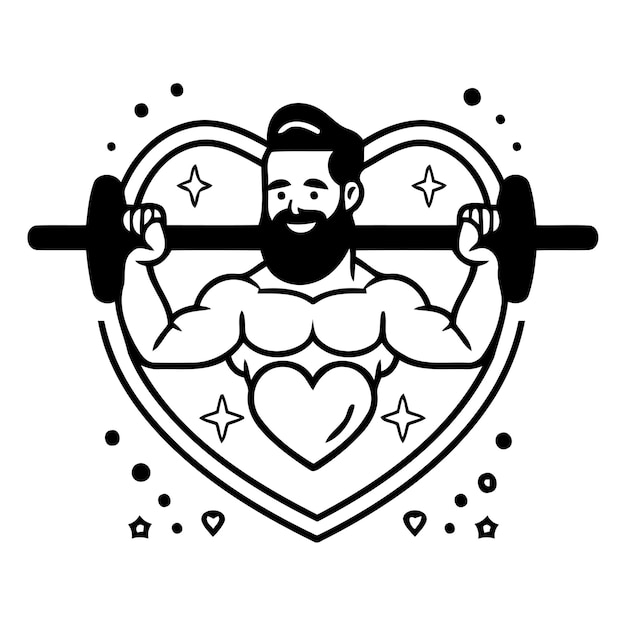 Vector hombre de fitness con manivela y corazón ilustración vectorial en estilo lineal