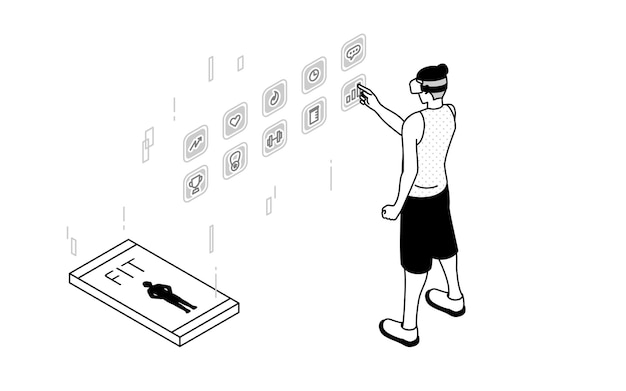 Hombre de fitness de realidad virtual con gafas de realidad virtual y manipulando paneles en el aire