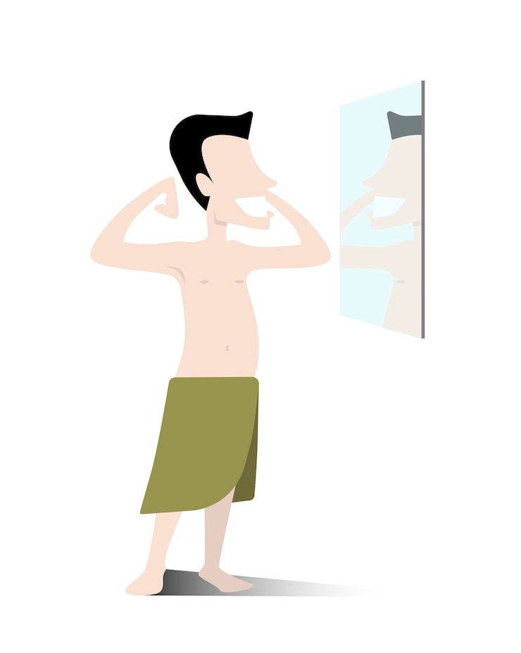 Vector hombre flexionando sus músculos frente al espejo después de la ducha con una toalla en la cintura.