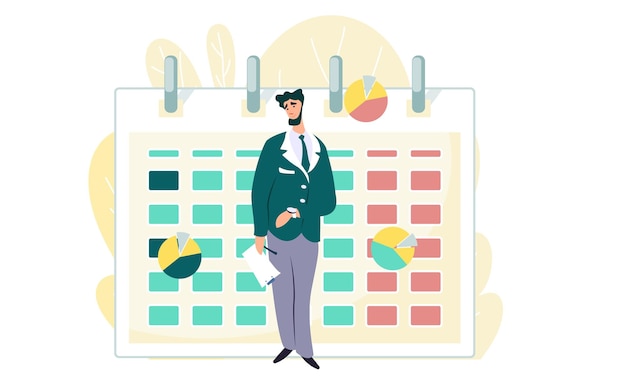 Vector un hombre se para en el fondo de un calendario y diagramas con cuenta regresiva en el trabajo