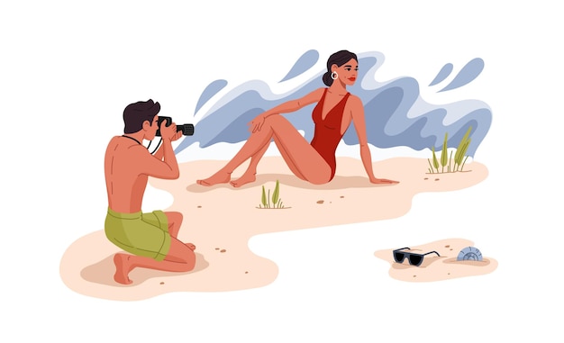 Vector hombre fotografiando a una mujer bonita en la playa