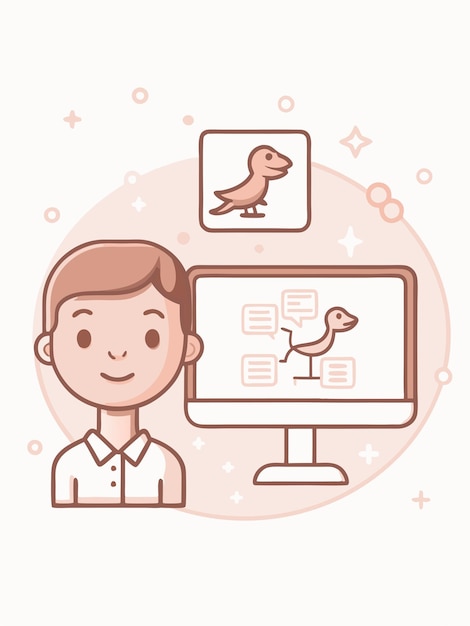 un hombre frente a una computadora con un pájaro en la pantalla