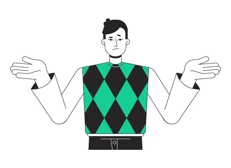 Vector hombre frustrado encogiéndose de hombros con las manos arriba carácter vectorial de color de línea plana