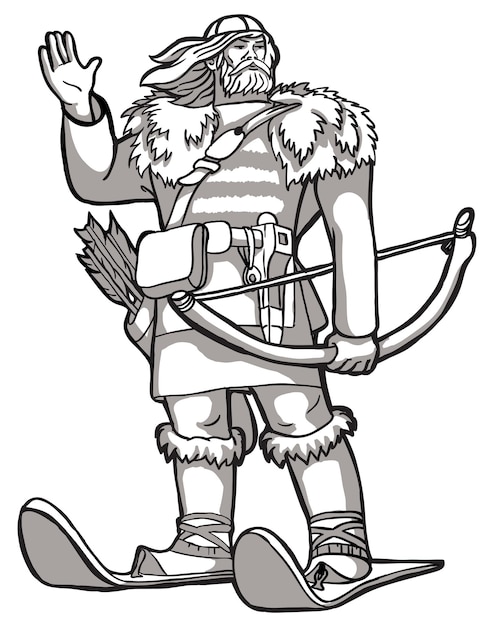 Hombre fuerte en esquís dibujo en blanco y negro