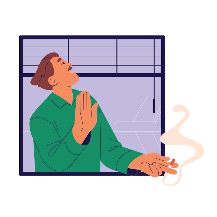 Vector hombre fumador saludando con la mano gesto la gente habla con los vecinos fumador parado con un cigarrillo en la ventana persona bigotuda con mal hábito riéndose mirando hacia arriba ilustración vectorial plana