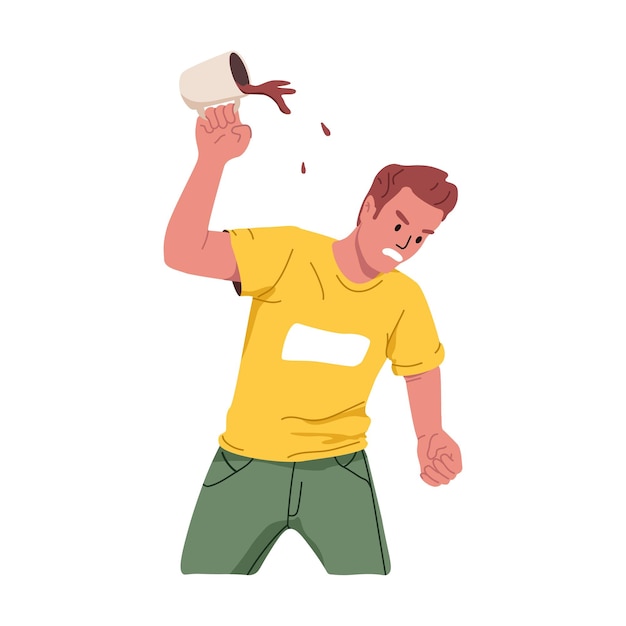 Hombre furioso enojado arrojando una taza con ira expresando su furia Persona molesta loca por un ataque de ira Humano con emoción negativa agresiva en la cara Ilustración vectorial plana aislada en fondo blanco