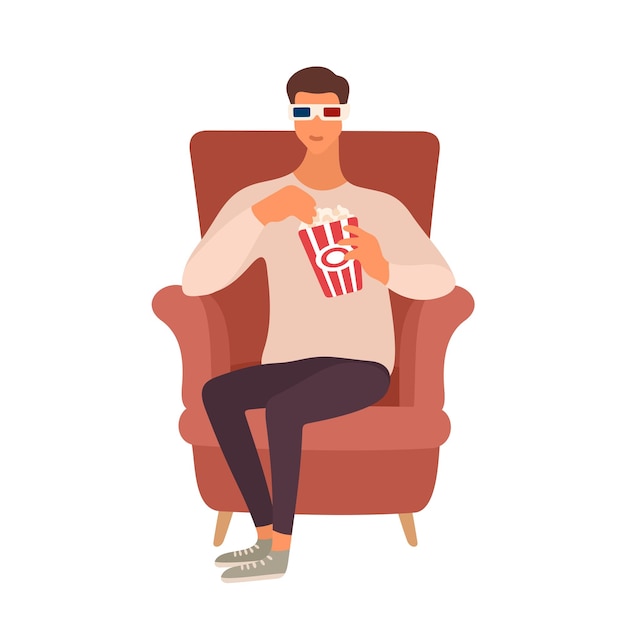 Hombre con gafas 3D comiendo palomitas de maíz y viendo películas en un sillón