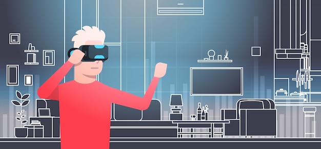 Hombre con gafas 3d en concepto de tecnología de realidad virtual interior de habitación vr