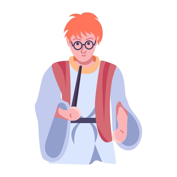 Vector un hombre con gafas y un abrigo largo con el pelo rojo y una camisa azul.