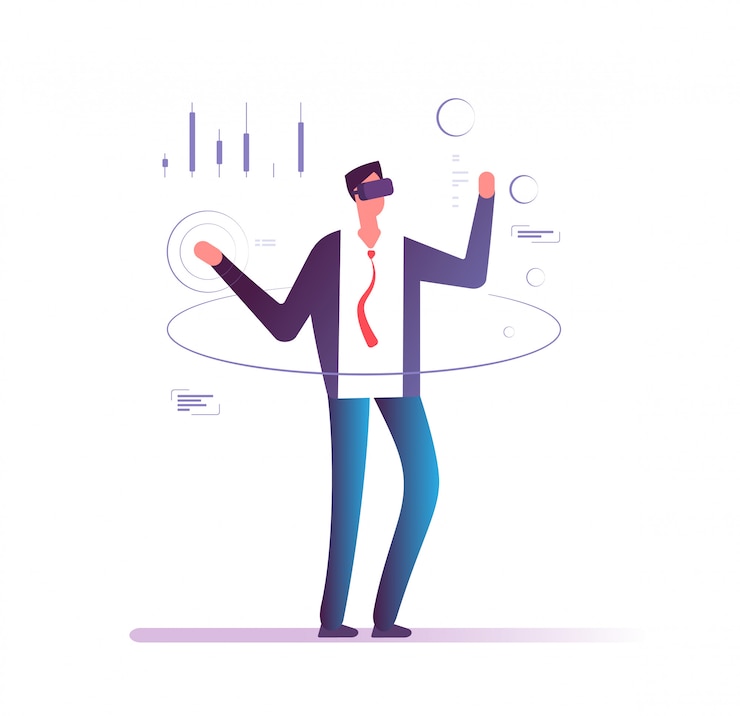 Vector hombre en gafas auriculares interactuando proyección virtual del cuadro financiero