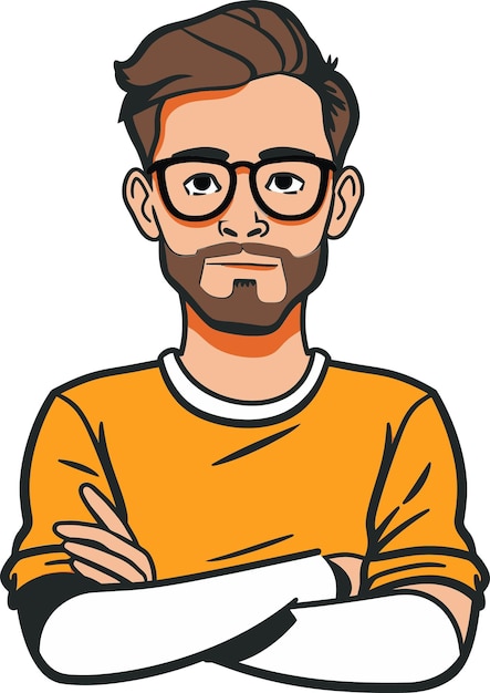 un hombre con gafas y una camisa amarilla con los brazos cruzados