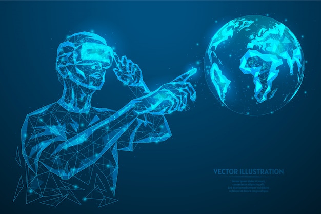 Vector hombre con gafas, casco mapa de realidad virtual adicional. diagnóstico del planeta en línea, estudio, formación. innovadora tecnología de entretenimiento para juegos. ilustración de modelo de estructura metálica de baja poli 3d.