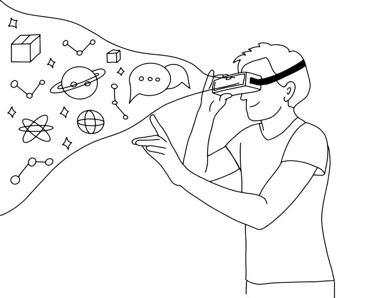 Vector hombre con gafas de realidad tecnología vr, universo paralelo del espacio metaverso.