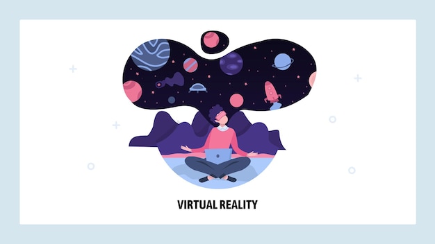 Hombre con gafas de realidad virtual VR imagina el espacio exterior