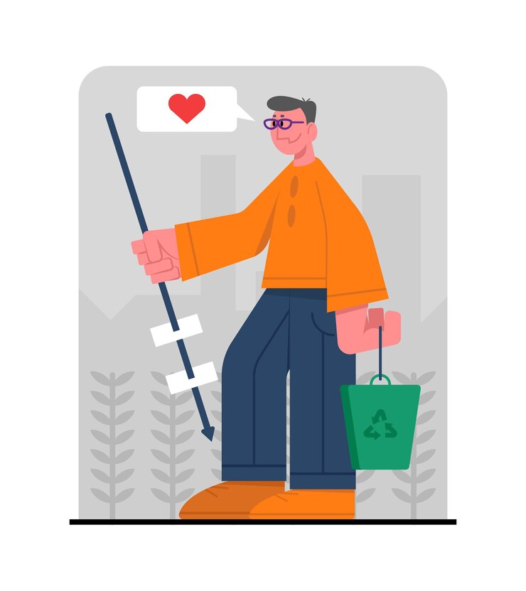 Vector hombre con gafas recoge la basura en la naturaleza y la clasifica para su reciclaje voluntario limpia la hierba y los arbustos de la basura amor por el medio ambiente personaje masculino con recolector de basura