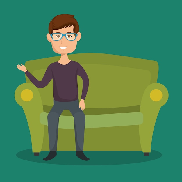 Hombre con gafas sentado en el sofá sobre ilustración de vector de fondo verde