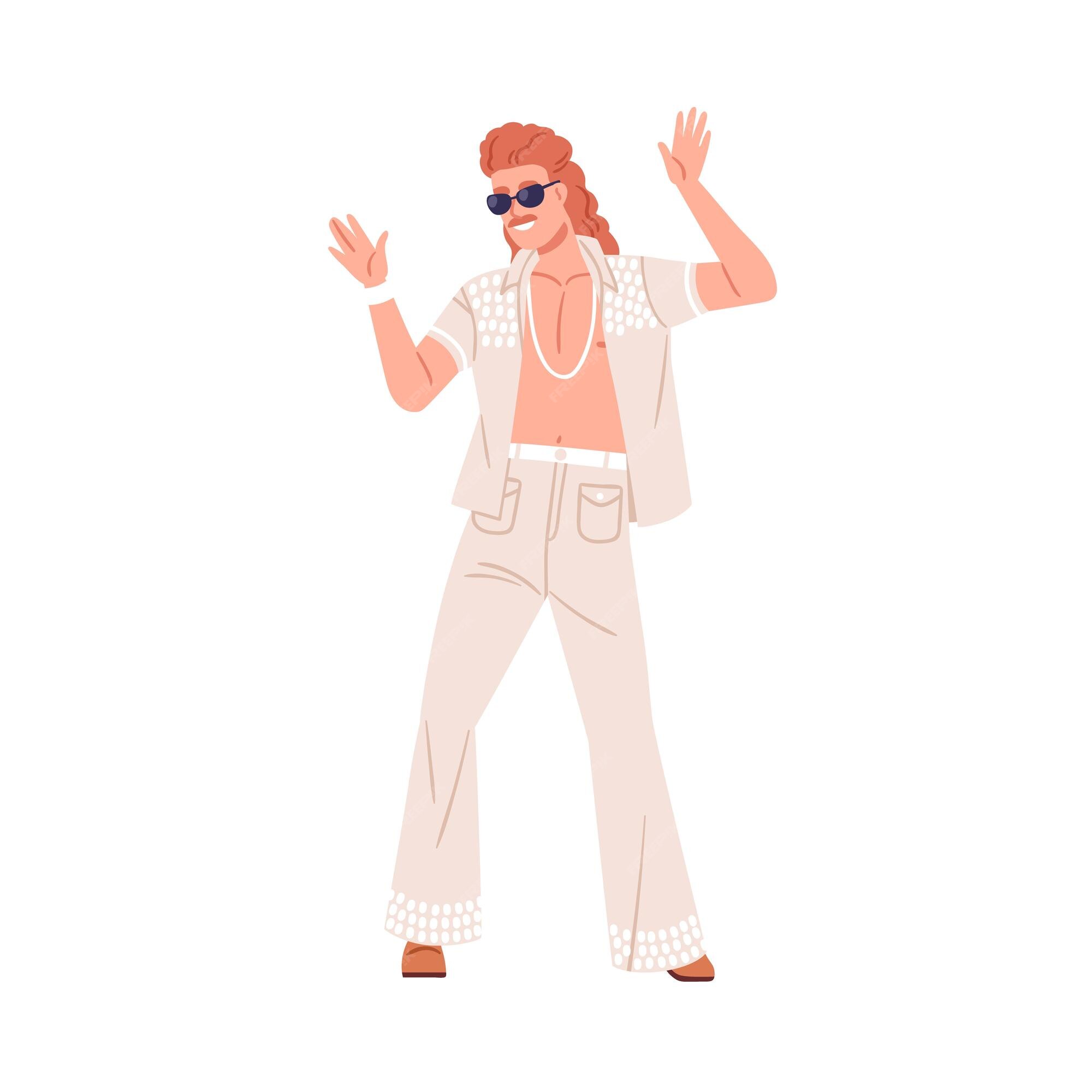 Hombre gafas de sol bailando con ropa de moda de los 80 música de los 80 en fiesta retro. persona con ropa, ropa, peinado al estilo de los