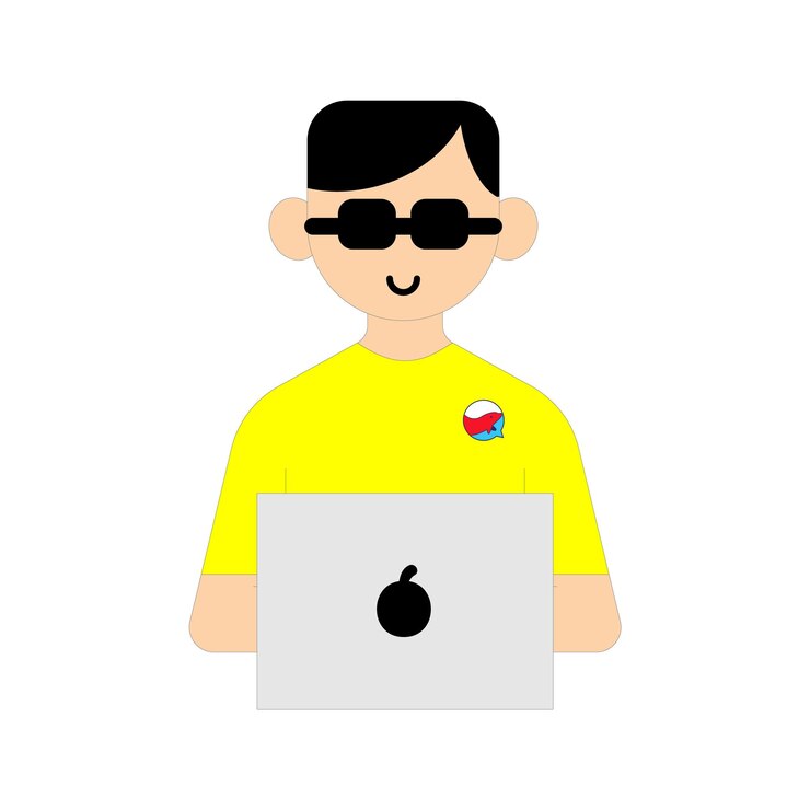 Vector un hombre con gafas de sol y una laptop con un logo que dice "soy una computadora"