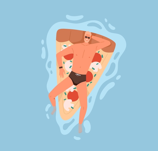 Hombre con gafas de sol relajándose y flotando en un colchón inflable de playa en la piscina. Feliz sonriente persona nadando en una rebanada de pizza de goma en el agua en las vacaciones de verano. Ilustración de vector plano coloreado.
