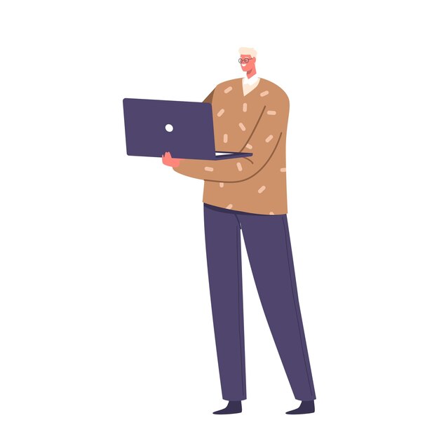 Hombre con gafas sosteniendo una computadora portátil Programador joven exitoso o personaje de diseñador Personas de dibujos animados Vector Ilustración