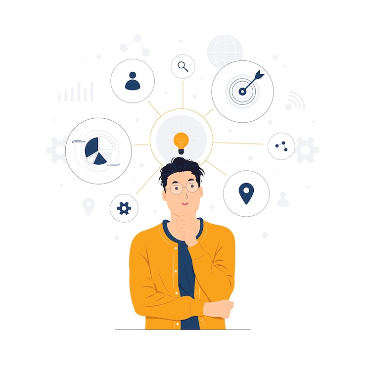 Vector el hombre con gafas tocándose la barbilla tiene una idea de innovación y una ilustración del concepto de mapa mental