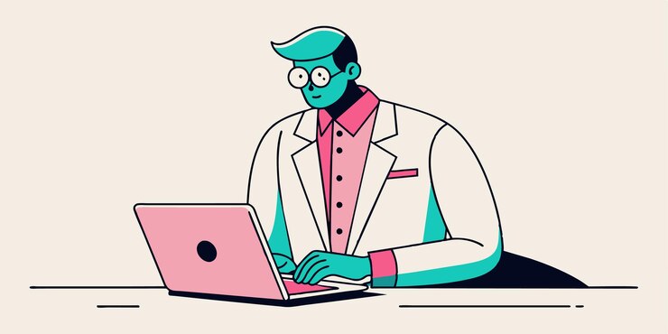 Vector un hombre con gafas trabajando en una computadora portátil con una computadora