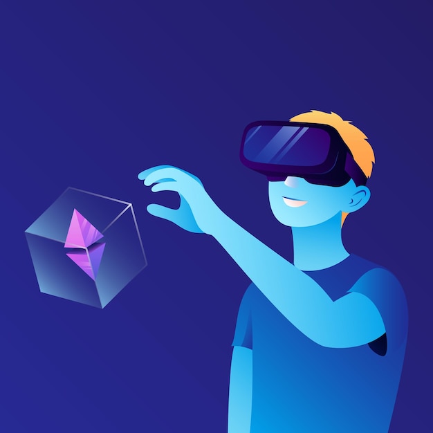 Un hombre con gafas VR encontró una caja con criptomoneda Blockchain VR Games P2E Crypto Games Illustration