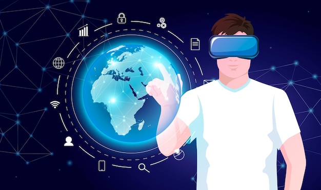 Vector hombre en gafas vr con holograma del planeta tierra concepto aumentado mundo de realidad virtual desde el espacio tecnología digital red global metaverso blockchain crypto cyber universo ilustración vectorial