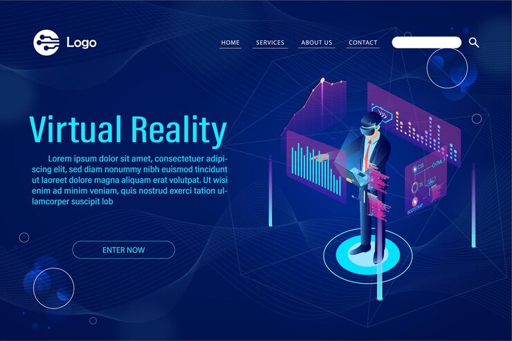 Hombre con gafas VR con interfaz táctil en el mundo de la realidad virtual tecnología del futuro