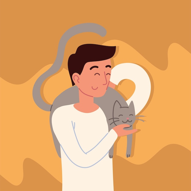 Vector hombre con un gato gris