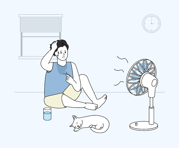 Hombre y un gato recibiendo un ventilador en un caluroso día de verano ilustración conjunto reloj casa temporada cansado