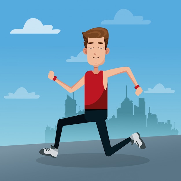 Vector hombre de gimnasio corriendo en dibujos animados de la ciudad