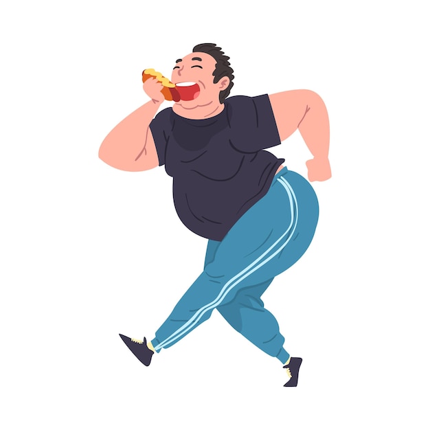 Hombre gordo divertido y feliz comiendo un perrito caliente tipo obeso disfrutando de un plato de comida rápida mientras camina dieta no saludable