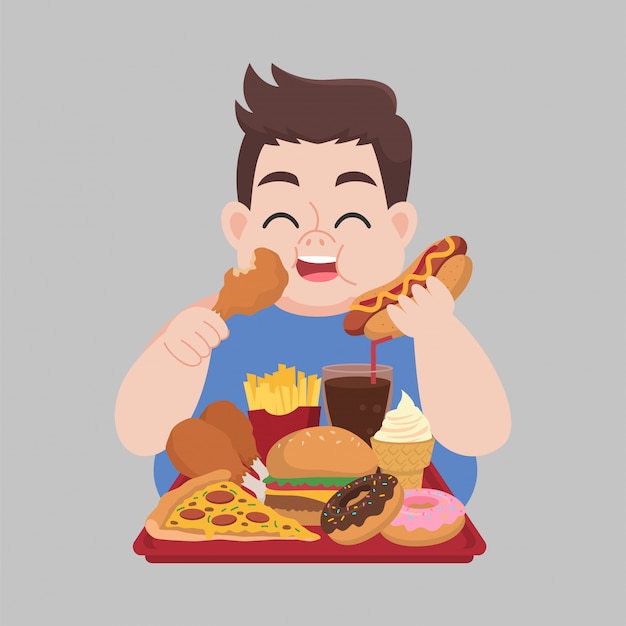 Hombre gordo feliz disfruta comiendo comida chatarra