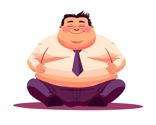 Hombre gordo feliz está sentado en el suelo amarse a sí mismo obesidad fatboy ilustración vectorial plana