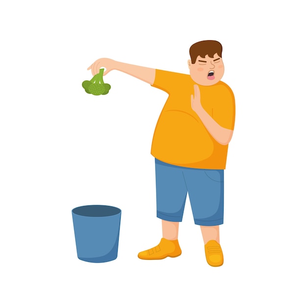 Hombre gordo joven se niega a comer brócoli y lo tira a la basura guy con gesto de rechazo facial exp
