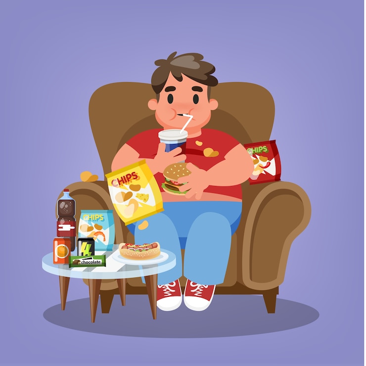 Vector hombre gordo sentado en el sillón y comiendo comida rápida
